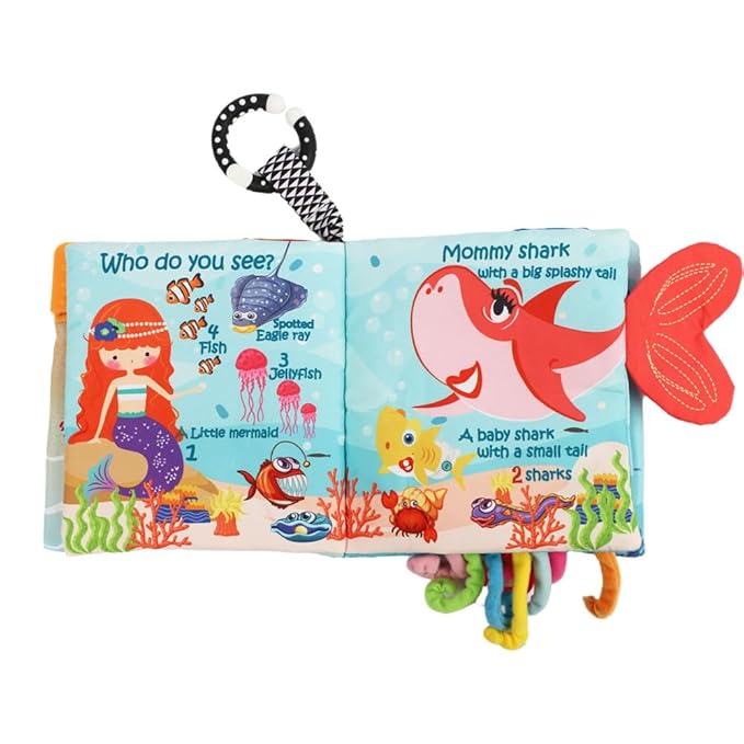 Fish Baby Books Toys, Touch Feel Cloth Crinkle Books for Babies, Infant Toys 0-6, 6-12, 12-18 Months,Early Learning Education Toys,Shower Baby Easter Gifts for Boys Girls,Teething,Mirror,Shark
