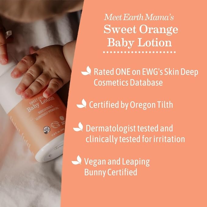 Earth Mama Sweet Orange Baby Lotion | Moisturizing Body Lotion for Dry Skin, Newborn Sensitive Skin Care, Face Moisturizer for Babies & Kids with Shea Butter, Calendula & Aloe, 8 Fl Oz