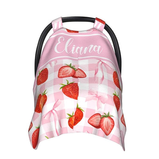 Pink Bow & Strawberry Personalized Baby Car Seat Canopy – Custom Name Minky Opening Nursing Cover, Infant Carseat & Stroller Cover for Newborn Baby Girls Gift
