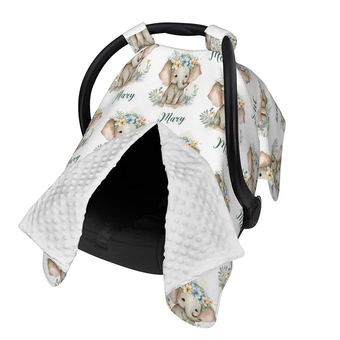 Personalized Baby Car Seat Canopy for Babies with Name, Custom Car Seat Covers for Boys Girls, Infant Opening Minky Nursing Breastfeeding Stroller Cover Carseat Canopies for Newborn (Floral Elephant)