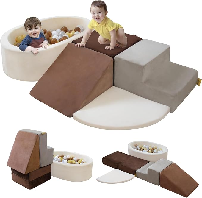 BanaSuper 6-Piece Climbing Toys for Toddlers, Kids Foam Blocks Playset with Ball Pit (Balls not Included), Toddler Indoor Soft Play Gym Activity Play Set for Crawling, Sliding and Playing(Grey&Brown)