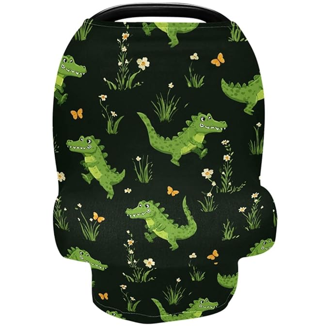 Cute Crocodile Baby Car Seat Covers Green Alligator Grass Carseat Canopy Soft Infant Stroller Cover Nursing Breastfeeding Covers for Girls Boys Newborn Fit Summer Spring Autumn