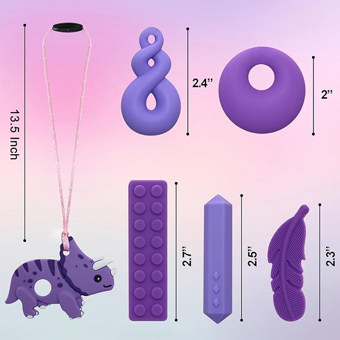 Chewy Necklaces for Sensory Kids, Boys and Girls, Silicone Dinosaur Chewy Necklaces for Autism, ADHD, SPD, Chewable Oral Motor Pendant for Chlidren