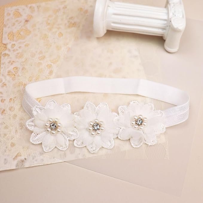 Bethynas White Flower Lace Elastic Headband for Baby Girls Floral Baptism Christening Toddler Hairband Infant Flower Pearl Birthday Party Hair Accessory for Newborn Girl (White)