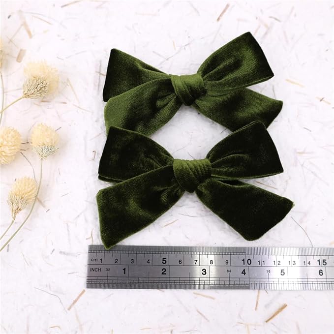 Vintage Velvet Bow Hair Clips for Baby Girl Kids Women Fall Velvet Christmas Hair Bows Barrettes Accessories (2 pcs Olive)