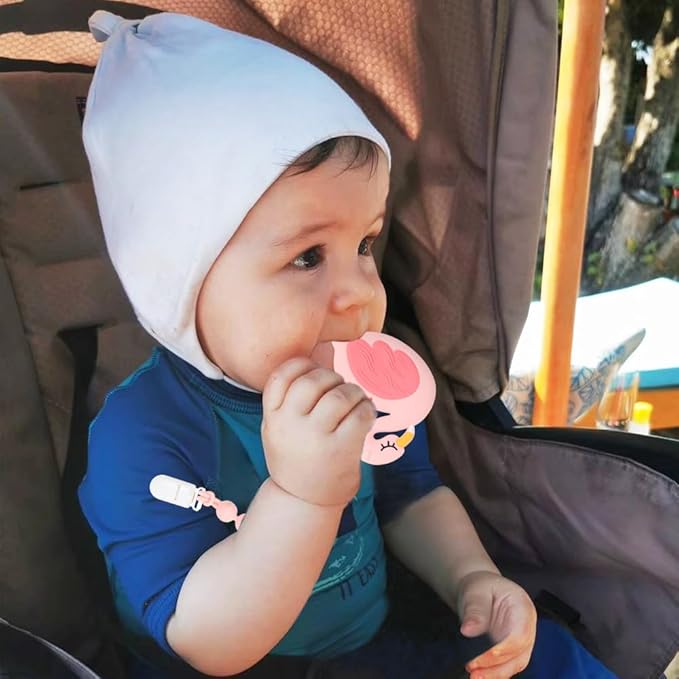 Baby Teething Toys,Food Grade Silicone Teether with One-piece Pacifier Clip Holder,Baby Gift,Highly Effective Pain Relief for 3 Months+ Boy and Girl,BPA Free,Freezer Safe. (Pink Flamingo)