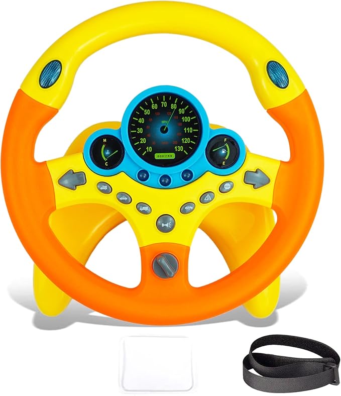 RedCrab Steering Wheel Car Driving Simulated Toy with Light and Music for Kids, Pretend Driving Seat Toys,Baby Electric Early Learning Educational Toys for Boys and Girls(Orange)