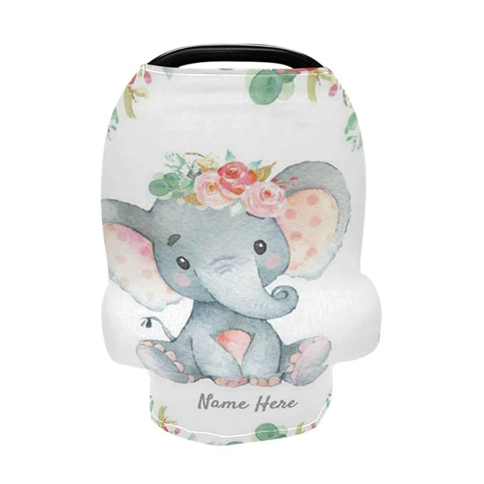 Custom Baby Car Seat Cover with Name & Date, Personalized Cute Elephant Nursing Covers Breastfeeding Scarf, Infant Carseat Canopy, Gift for Mom Baby Newborn
