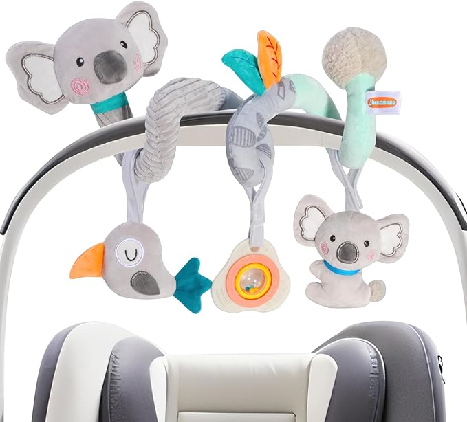 Baby Spiral Car Seat Toy, Stroller Hanging Sensory Toy for Newborn 0-12 Months, Soft Plush with Rattle Crinkle Teether, Koala Bird Activity Toy for Infant Boys Girls