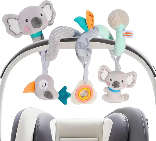 Baby Spiral Car Seat Toy, Stroller Hanging Sensory Toy for Newborn 0-12 Months, Soft Plush with Rattle Crinkle Teether, Koala Bird Activity Toy for Infant Boys Girls