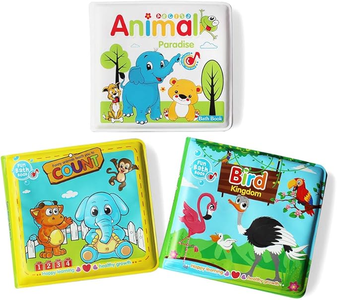 Baby Bath Books-3PCS,Bathtub Toys Floating Waterproof Educational Bath Toy Books for Toddlers-Animal Books,Count Books,Bird Books for Bath time