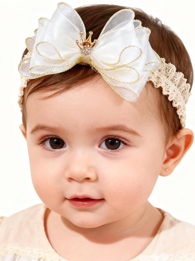 Handmade Baby Girl Headbands in Beige Baby Bows and Floral Lace Headband Bows for Newborns and Toddlers Cute Baby Girl Bows and Newborn Headband Bows