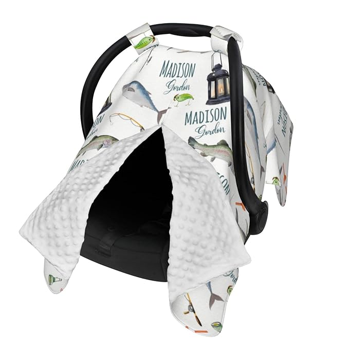 Personalized Baby Car Seat Canopy for Babies, Custom Name Baby Car Seats Covers for Boys Girls, Opening Minky Nursing Breastfeeding Cover for Infant, Carseat Canopies for Newborn (Fishing)