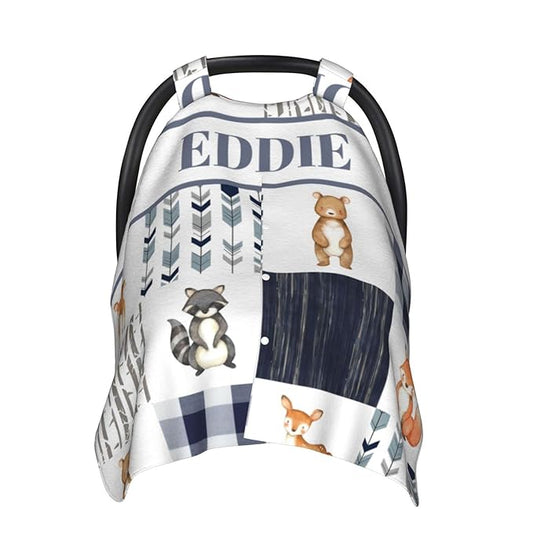 Personalized Baby Car Seat Canopy for Babies, Custom Name Car Seat Covers for Girls and Boys, Opening Minky Nursing Breastfeeding Cover for Infant, Carseat Canopies for Newborn (Woodland Animals)