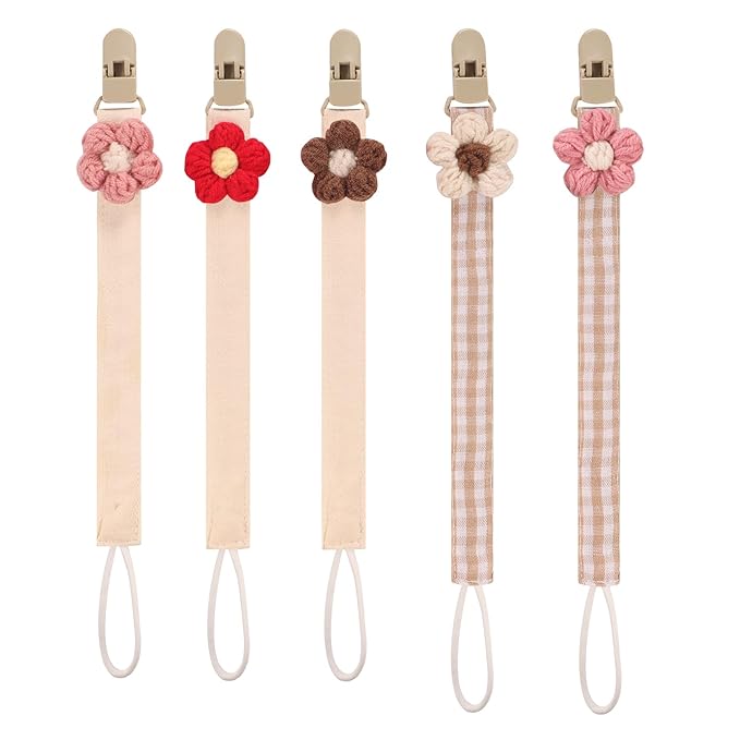 Baby's Breath 5 Pack Pacifier Clips with Adjustable Strap (14.5-18.3 in) - Handmade Boho Style Flower Design, Soft Textile Baby Holder Set for Girls, Neutral Colors for Any Outfit