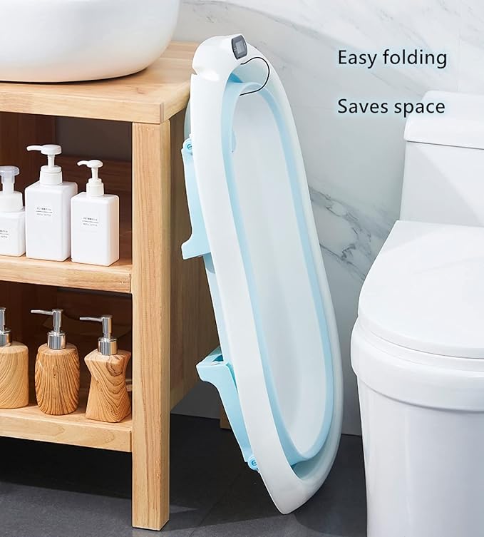 Baby Bath Foldable Newborn Tub with Soft Bath Mat and Real Time Water Temperature Display, Blue