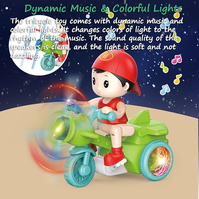 Miracland 360° Stunt Tricycle Toy, Riding-Simulation Pedicab with LED Lights & Dynamic Music, STEM Spinning Electric Trike Gift for Kids (Green)