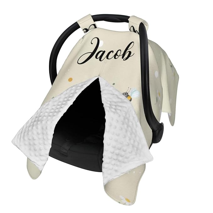 Custom Baby Car Seat Canopy with Name, Personalized Stroller Baby Car Seat Covers for Boys Girls, Minky Nursing Carseat Cover for Breastfeeding, Car Seat Canopies for Infant Newborn(Cute Bee)