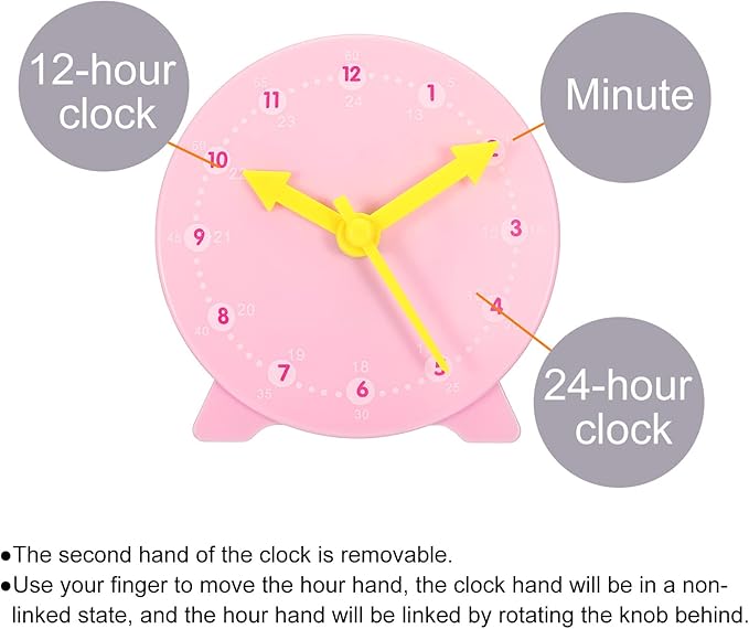 PATIKIL 4 inch Teaching Clock, 2 Pack Learn Clock Learning Tell Time Analog Clock Demonstration Clock 24 Hour 3 Pointers Geared Movement for Classroom Teacher, Pink