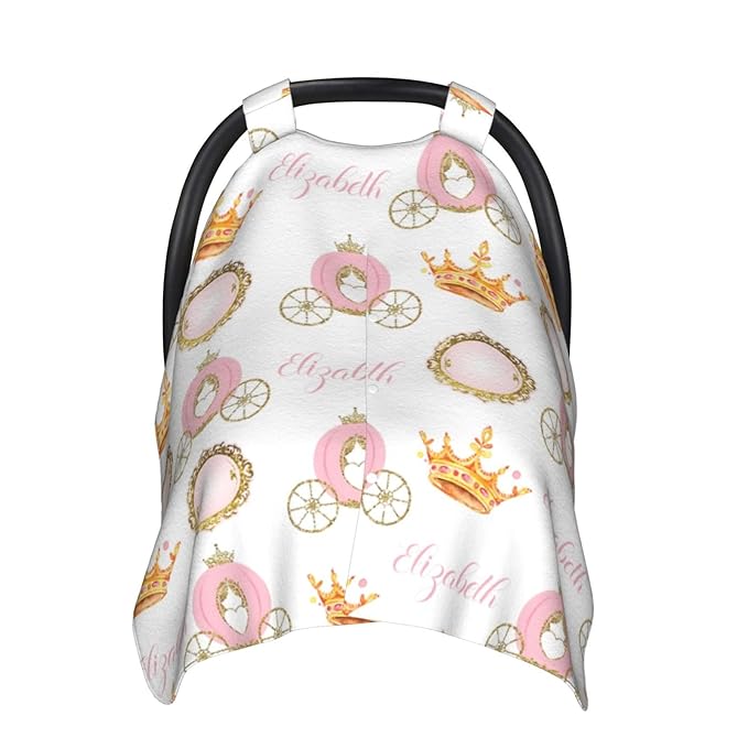 Personalized Baby Car Seat Canopy for Baby Girls, Custom Name Princess Crown Baby Car Seat Covers for Babies, Opening Minky Nursing Breastfeeding Cover for Infant, Carseat Canopies for Newborn