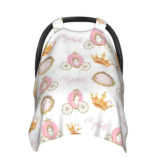 Personalized Baby Car Seat Canopy for Baby Girls, Custom Name Princess Crown Baby Car Seat Covers for Babies, Opening Minky Nursing Breastfeeding Cover for Infant, Carseat Canopies for Newborn