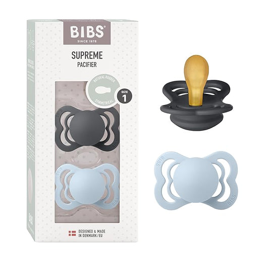BIBS Pacifiers - Supreme Collection | BPA-Free Baby Pacifier | Made in Denmark | Set of 2 Iron/Baby Blue Color Premium Soothers | Size 0-6 Months