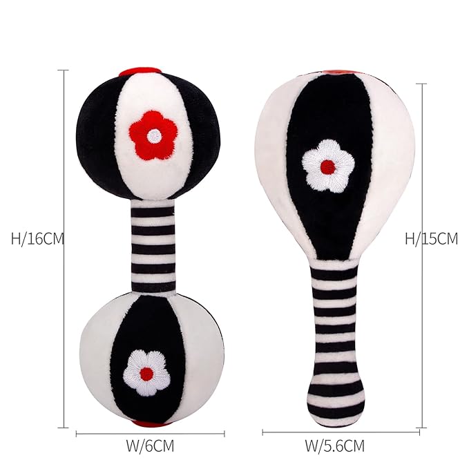 Soft Baby Rattles 0-6 Months - 2 Pack Infant Developmental Toys with Black & White Contrast | Sensory Newborn Toys for Girls & Boys | Set (BPA Free)