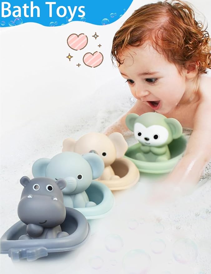 Baby Bath Toy Stackable Infant Bathtub Toys Stacking Floating Boat Train with Animal Finger Puppets Bath Toy Silicone Hand Puppet Educational Beach Toys for Babies Toddlers Party Favors