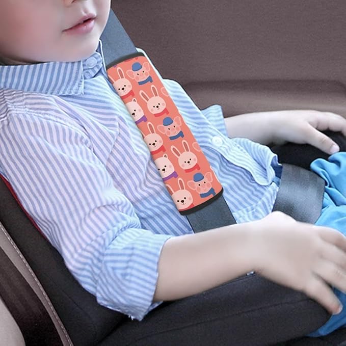 ENLACHIC Kids Car Seat Belt Cover, Cute Cartoon Animal Print Baby Car Seat Strap Pads Infant Car Seat Protector Car Accessories Universal All Cars,Pink Rabbit