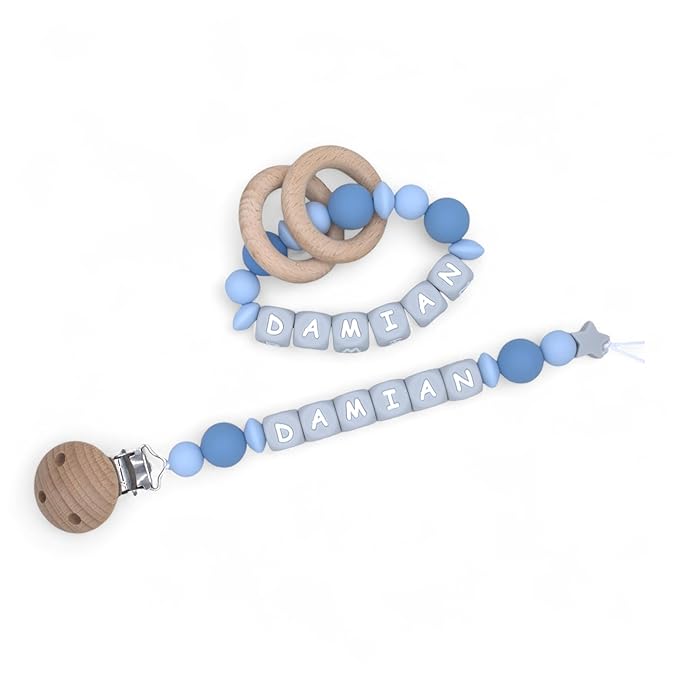 Personalized Baby Pacifier Clips, Rattle Rings & Keychains – Blue Styles | Stylish Baby Accessories, 3rd Party Tested for Safety