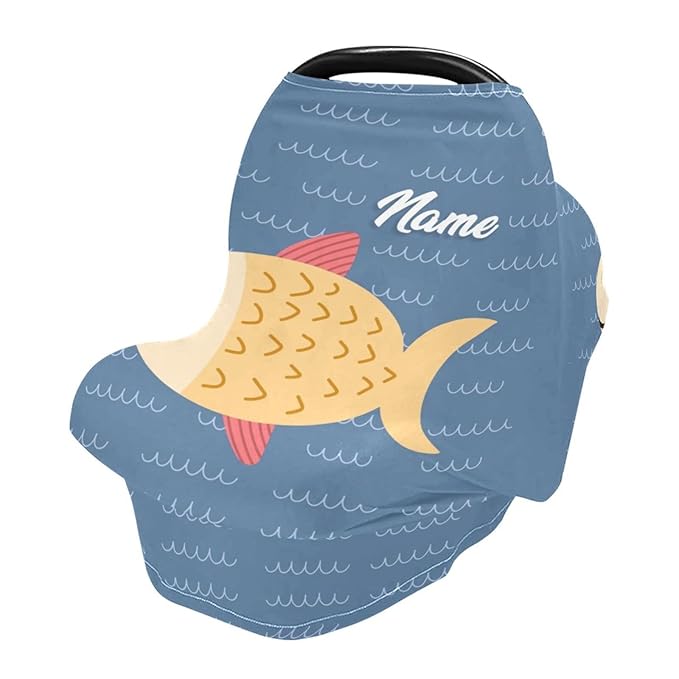 Personalized Baby Name Car Seat Cover for Boys Girls, Custom Nursing Covers for Breastfeeding, Infant Stroller Canopy, Baby Carseat Cover for Newborn, Multiuse Car Seat Canopies, Cartoon Fish