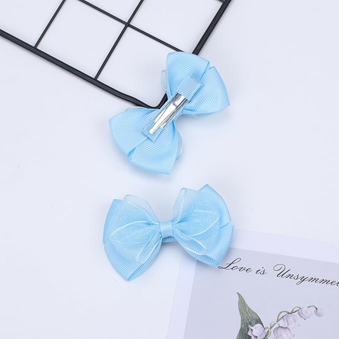 Tiny 3 Inch Organza Double Hair Bow Clips - Lined Boutique Alligator Hairpin for Baby Girls, Toddlers, and Little Teens - Kids Barrettes Set of 2 Small Stylish (Light Blue)
