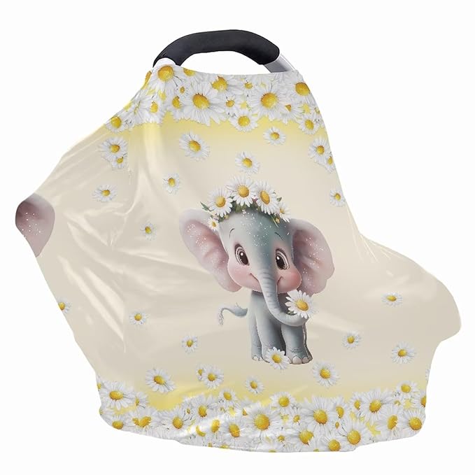 Biyejit Daisy Elephants Nursing Cover Breastfeeding Scarf - Baby Car Seat Covers, Infant Stroller Cover, Carseat Canopy for Girls and Boys