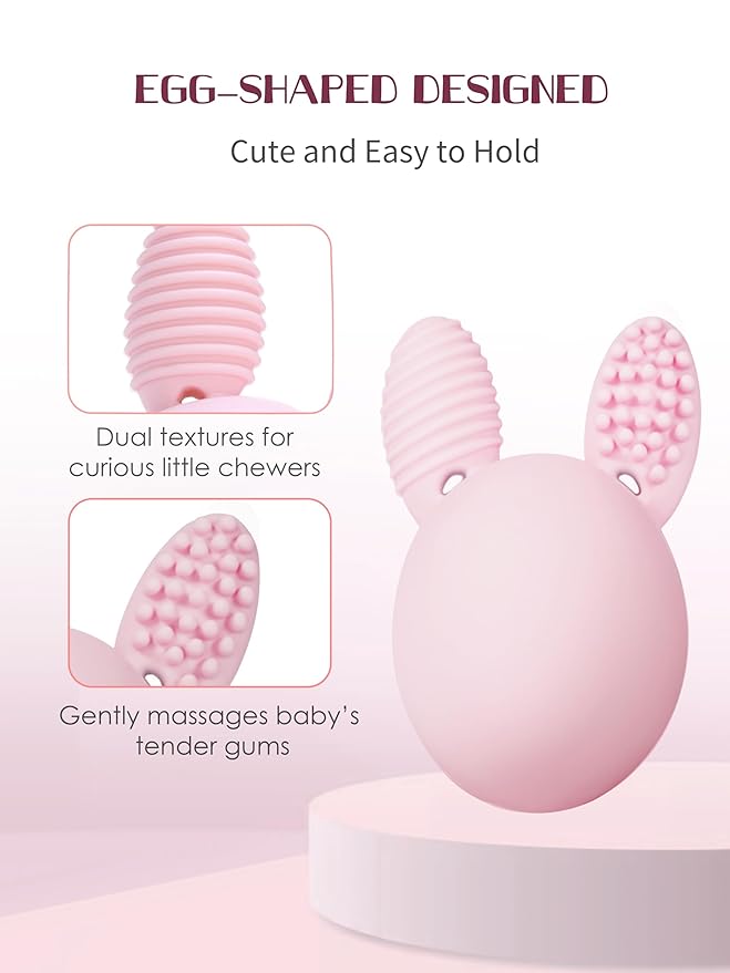 Teether Baby Teething Toy Rabbit Egg Rattle Toy Teething Pain Relief for Babies Boys Girls - Pink