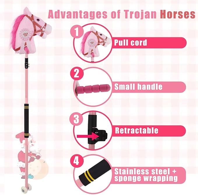 Stick Horse, Hobby on a Stick for Children Ages 4-12 Adjustable 30-51" Length with Illuminated Silent Wheels Comfortable Sponge Wrapped complimentary Battery Realistic Horse neighs.