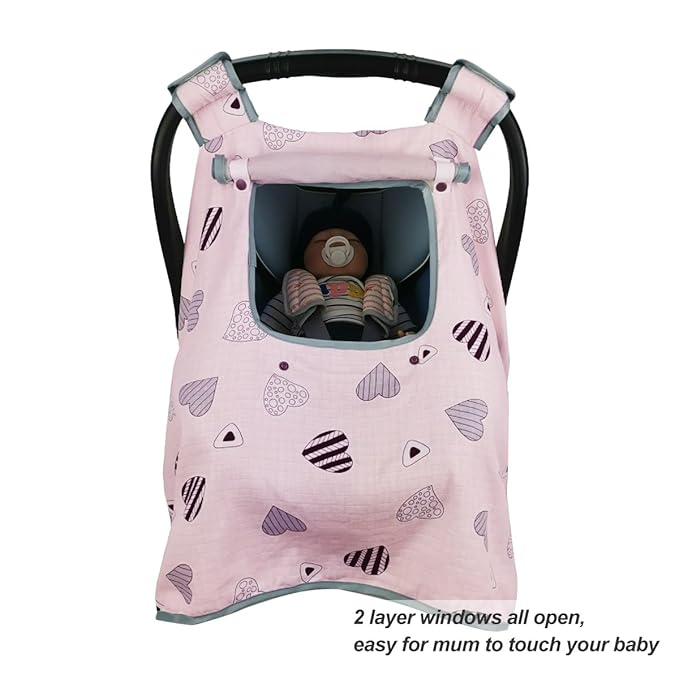 Car seat Covers for Babies, Infant Carseat Canopy for Newborn Carrier, kick Proof Yet Anti-Slip Design, Muslin, fit Summer, Spring, Autumn, Pink Heart, Perfect for Girl;