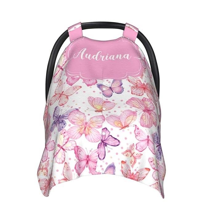 Personalized Baby Car Seat Canopy with Name – Custom Pink Butterfly Minky Nursing Cover for Girls, Soft Stroller Cover for Infants & Newborns, Carseat Canopy for Breastfeeding