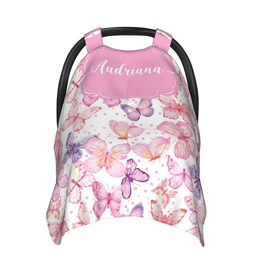 Personalized Baby Car Seat Canopy with Name – Custom Pink Butterfly Minky Nursing Cover for Girls, Soft Stroller Cover for Infants & Newborns, Carseat Canopy for Breastfeeding