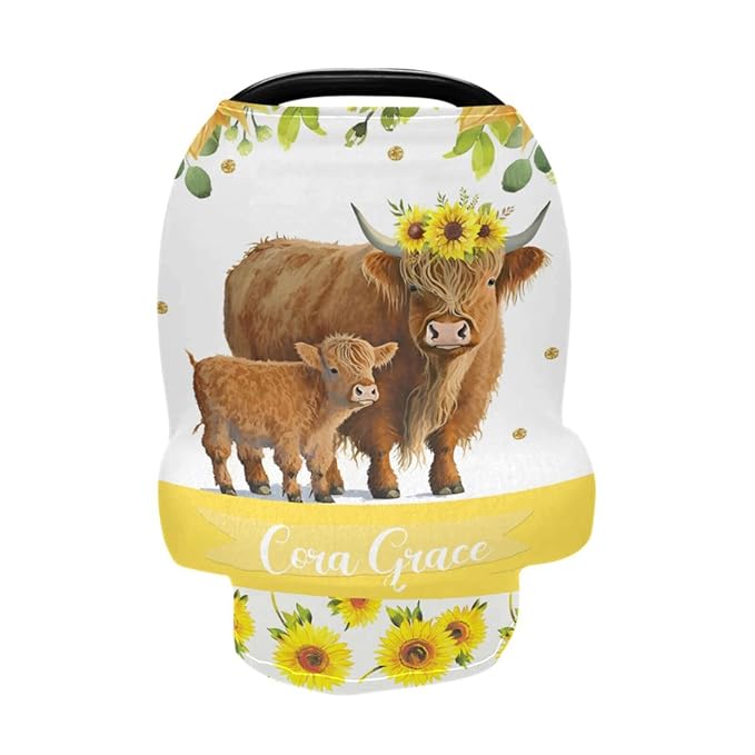 Personalized Baby Car Seat Cover for Boys Girls, Custom Nursing Covers for Breastfeeding with Name, Infant Stroller Cover, Baby Carseat Canopy for Newborn, Multiuse Car Seat Canopies, Sunflower Cow