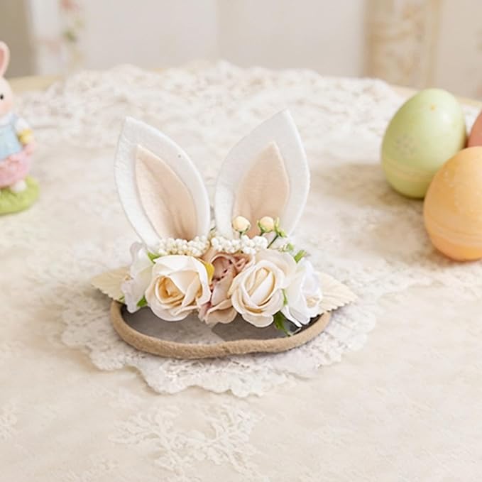 KIDOCHEESE Baby Girl Floral Easter Bunny Ears Headband Rabbit Ears Nylon Hairband for Newborn Infant Toddler Easter Hair Accessories Gift