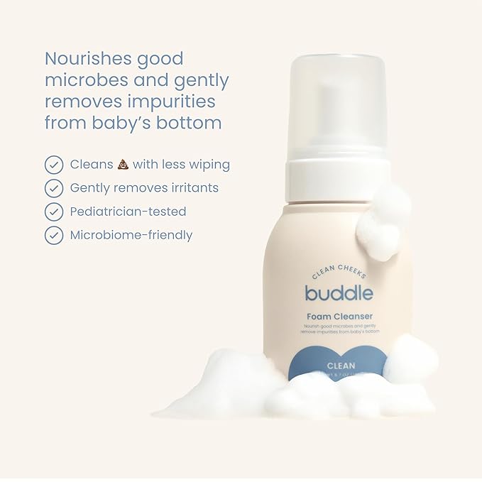 Buddle Clean Cheeks & Wonder Wipes 2-Piece Kit, Foam Cleanser for No-Rinse Baby Cleansing, 6.7oz, 60 Wipes