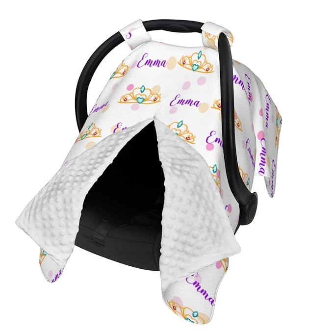 Personalized Girl Crown Tiara Baby Car Seat Canopy for Babies with Name, Custom Car Seat Covers for Girls, Peekaboo Opening Minky Nursing Cover Infant Car Seat Canopies for Newborn