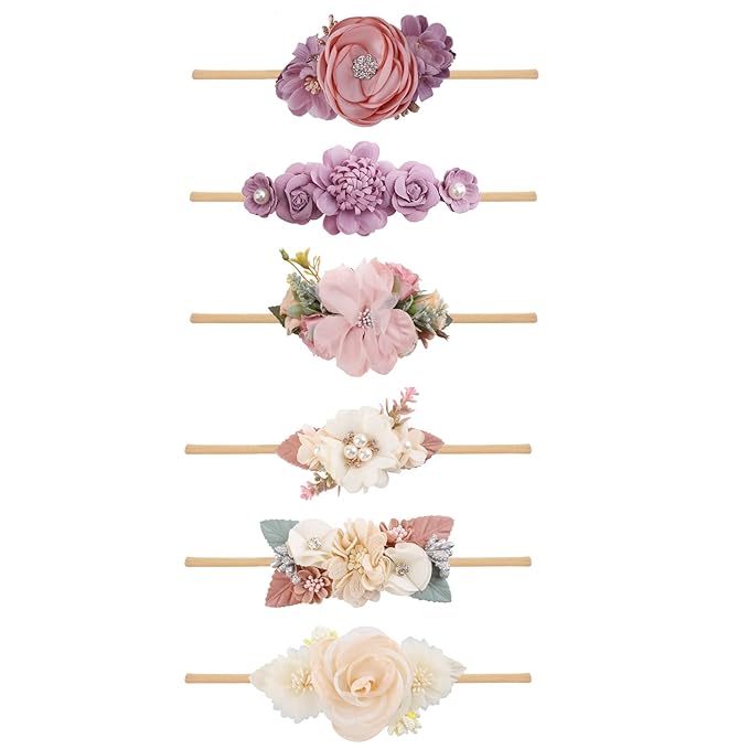Baby Girl Flower Headband 6 PCS Elastic Hairbands Handmade Nylon Bows Headbands Chic Floral Hair Accessories Kids Gifts for Newborn Infant Toddlers