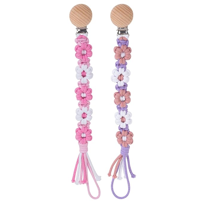 Pacifier Clip for Boys Girls Floral Daisy Macrame Baby Paci Clip Pacifier Holder Leash Boho Wooden Clips Handmade Braided Cotton Binky Clips (2pack:Pink Daisy & Lavender Style A)