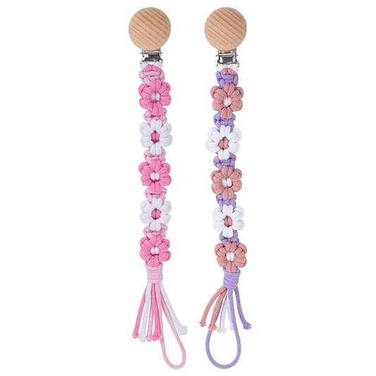 Pacifier Clip for Boys Girls Floral Daisy Macrame Baby Paci Clip Pacifier Holder Leash Boho Wooden Clips Handmade Braided Cotton Binky Clips (2pack:Pink Daisy & Lavender Style A)
