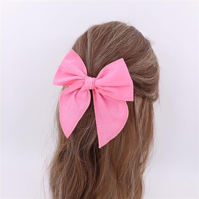 3 Styles Hair Bow Clips for Little Girls Toddler Baby Mom Women Hair Barrettes Accessories 4 Pcs Cotton Linen Bows Hot Pink