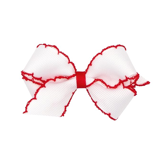 Wee Ones Girls' Classic Grosgrain Moonstitch Edge Hair Bow, No-Slip Hair Clip, Handmade, White with Red, Mini