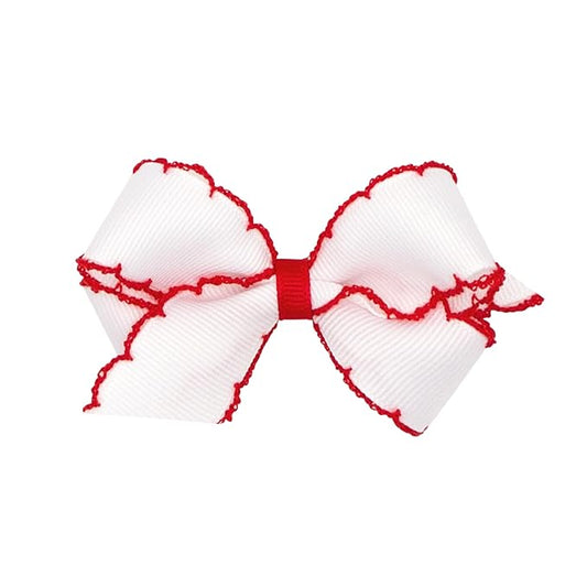 Wee Ones Girls' Classic Grosgrain Moonstitch Edge Hair Bow, No-Slip Hair Clip, Handmade, White with Red, Mini