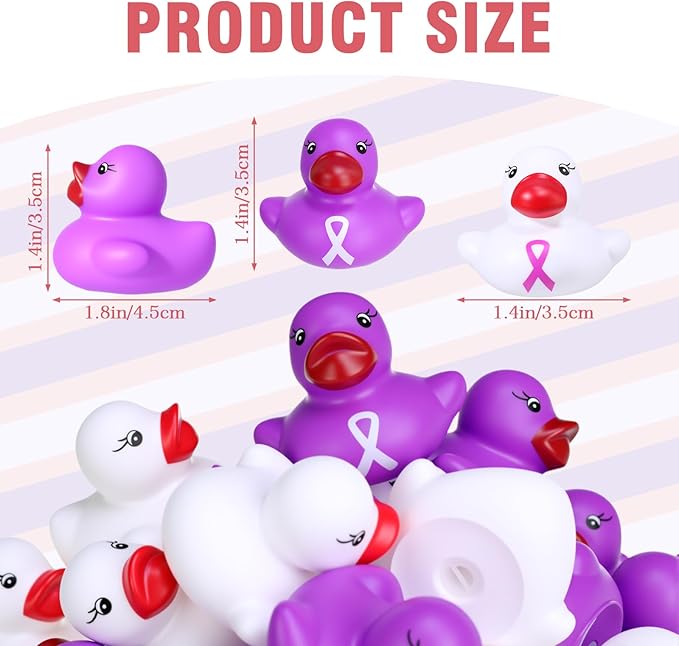 Lunmon 200 Pcs Purple and White Rubber Ducks Cervical Health Alzheimers Awareness Product Domestic Violence Awareness Ribbon Duck Float Mini Bath Toy Bulk Pancreatic Cancer for Charity Event Supplies
