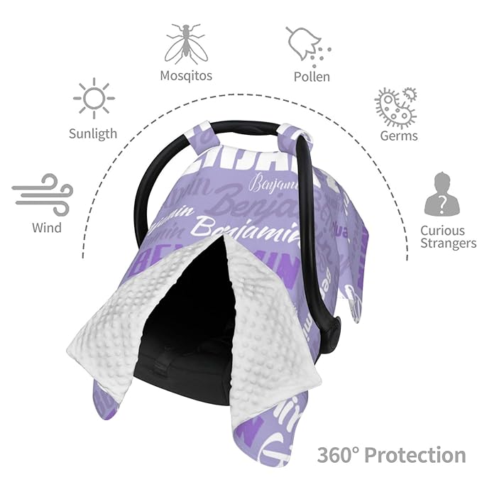 Personalized Baby Car Seat Canopy for Babies, Custom Name Baby Car Seats Covers for Boys Girls, Opening Minky Nursing Breastfeeding Cover for Infant, Carseat Canopies for Newborn (Light Purple)
